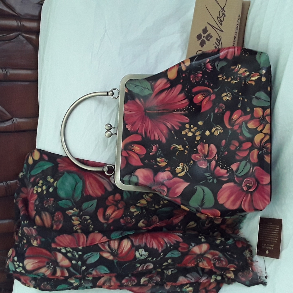 Patricia Nash Black Floral Frame-Top Crossbody with Red and Green Accents